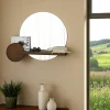 HILO Miroirs|Miroir d'entrée rond avec étagère en bois brun