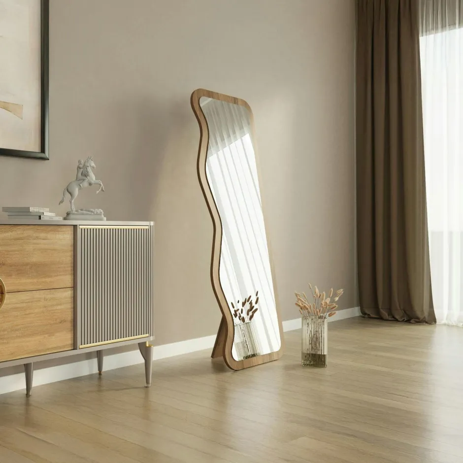CODY Miroirs|Miroir plein pied moderne 160 cm - ondulations effet noyer