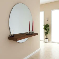 HILO Miroirs|Miroir rond avec étagère en bois brun