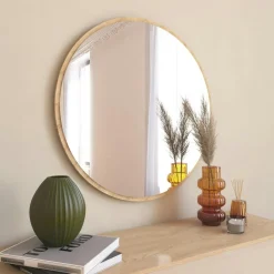 CODY Miroirs|Miroir rond moderne avec cadre effet bois clairØ60 cm
