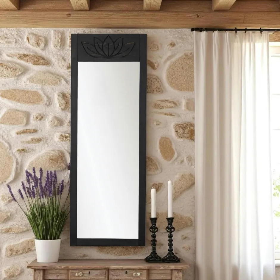 HILO Miroirs|Miroir vertical en bois gris foncé - motif lotus