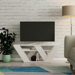 MARFA Meubles Tv En Bois|Petit meuble TV blanc avec rangement - pied en W