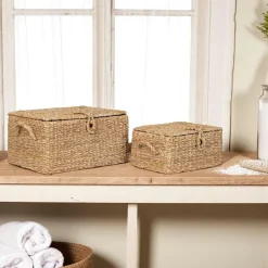 Rangements Déco·Paniers / Boîtes De Rangement|Vannerie Rotin|Petit panier de rangement rond en feuille de bananier avec couvercle (lot de 2)