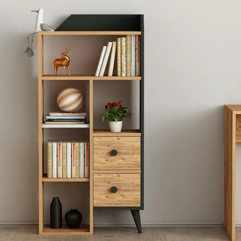 MARFA Bibliothèques En Bois|Bibliothèques En Bois|Petite bibliothèque de chambre effet bois, 2 tiroirs