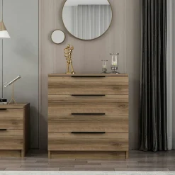 BYRON Commodes En Bois|Petite commode moderne 4 tiroirs effet bois de noyer