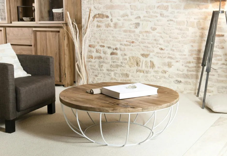 Swing Univers Déco·Scandinave Hygge|Tables Basses Scandinaves|Petite table basse ronde teck recyclé structure filaire blanche