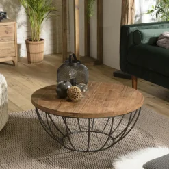 Swing Univers Déco·Scandinave Hygge|Tables Basses Scandinaves|Petite table basse ronde teck recyclé structure filaire blanche