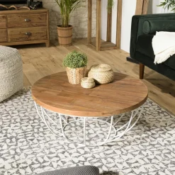 Swing Univers Déco·Scandinave Hygge|Tables Basses Scandinaves|Petite table basse ronde teck recyclé structure filaire blanche