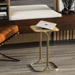 JENA Bouts De Canapé En Métal|Bouts De Canapé En Bois|Petite table d'appoint dorée carrée - plateau bois clair