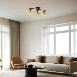 SIERRE Suspensions / Lustres|Plafonnier moderne métal noir 3 globes verre ambré