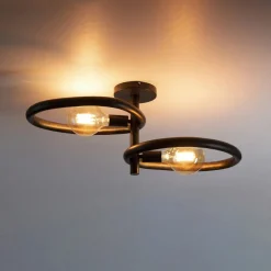 TRIBECA Lampes À Poser·Lampe Style Industriel|Suspensions / Lustres|Plafonnier métal noir 2 ampoules, forme galet