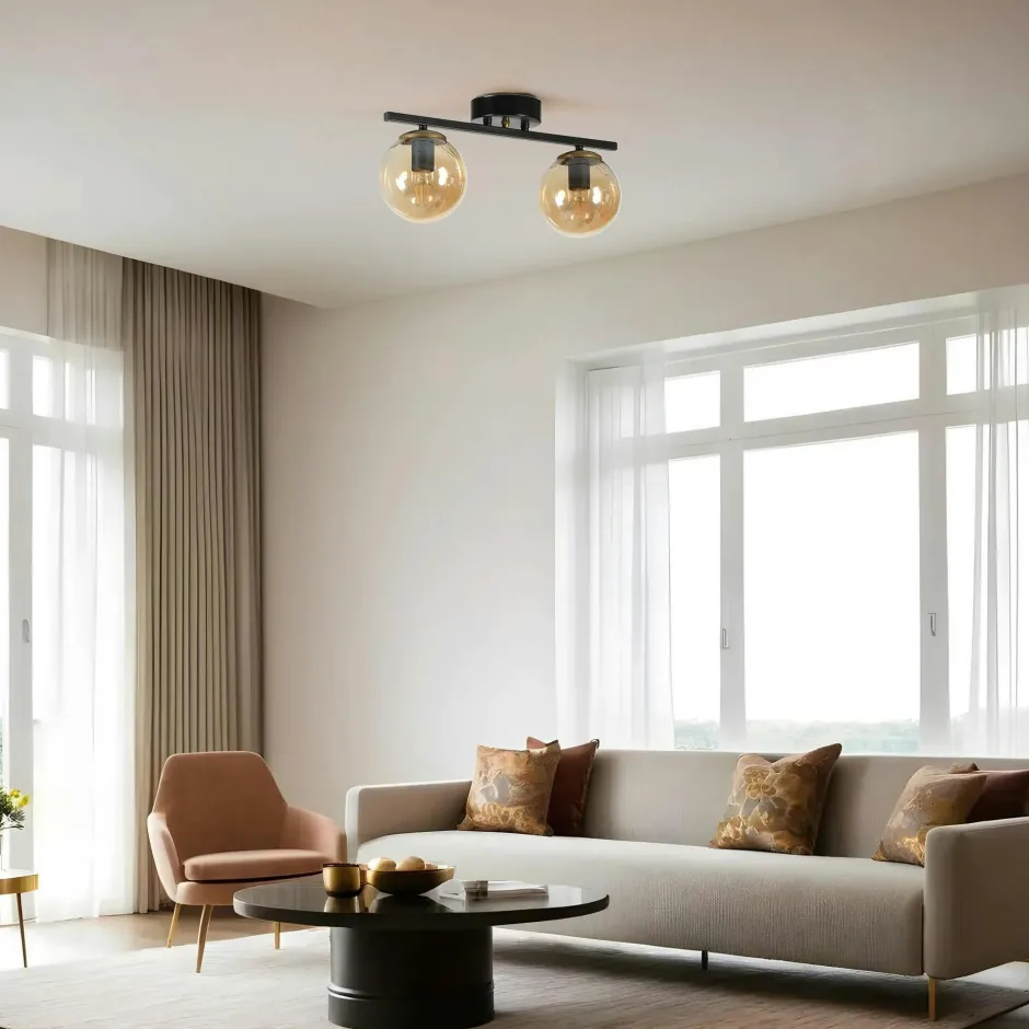 SIERRE Suspensions / Lustres|Plafonnier vintage doré 5 globes verre ambré