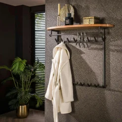 Melbourne Meubles D'Entrée·Portemanteaux|Portemanteaux Industriels|Portemanteau mural 8 accroches 1 étagère ronde en bois