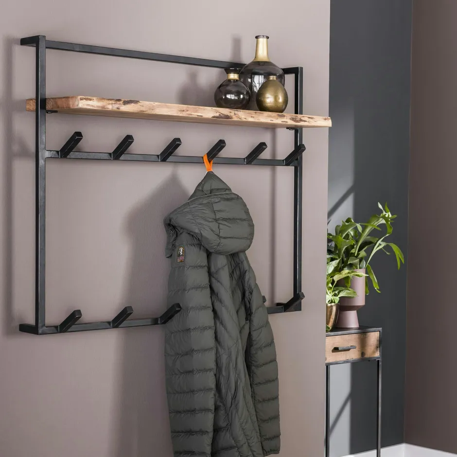 Melbourne Meubles D'Entrée·Portemanteaux|Meubles De Salon·Etagères Murales|Portemanteau mural 1 étagère en bois d'acacia 12 crochets métal