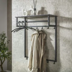 RALF Meubles D'Entrée·Portemanteaux|Portemanteaux Industriels|Portemanteau mural moderne 1 étagère effet céramique et 12 crochets