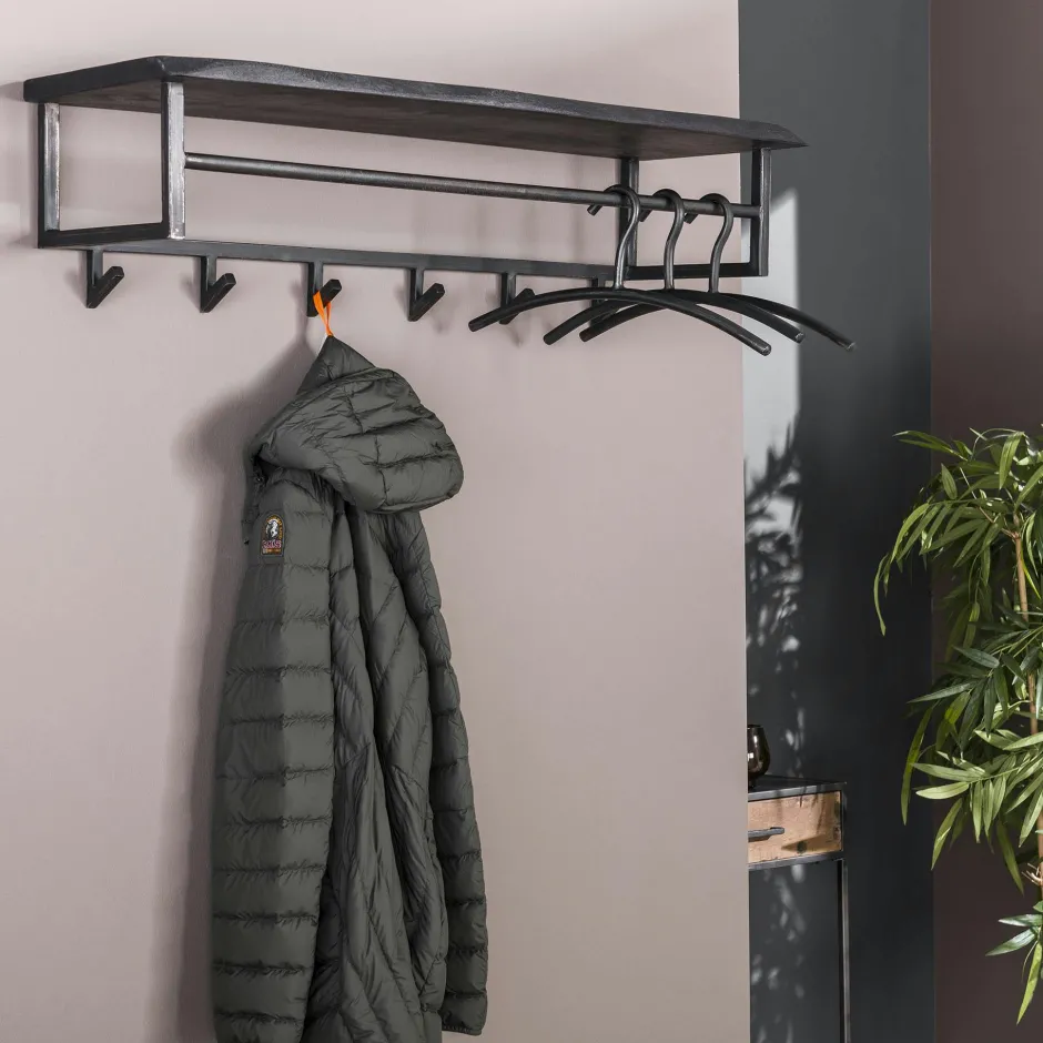 Melbourne Meubles D'Entrée·Portemanteaux|Meubles De Salon·Etagères Murales|Portemanteau mural noir 12 crochets 1 étagère bois