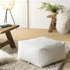 TIM Univers Déco·Scandinave Hygge|Meubles De Salon·Poufs|Pouf de salon carré blanc tissu bouclettes