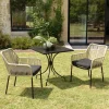 GIJON Salons De Jardin·Ensemble Repas|Salon de jardin 1 table carrée métal noir 70x70 cm - 2 fauteuils cordage couleur naturelle 1 coussin noir