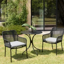 GIJON Salons De Jardin·Ensemble Repas|Salon de jardin 1 table ronde métal noir D70 cm - 2 fauteuils cordage noir 1 coussin gris