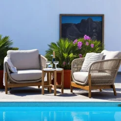 MENDOZA Salons De Jardin·Salons Détente|Salon de jardin détente en bois d'acacia et corde tressée (2 fauteuils, 1 petite table ø36 cm)