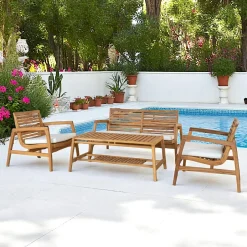 MENDOZA Salons De Jardin·Salons Détente|Salon de jardin en teck (1 canapé, 2 fauteuils, 1 table basse)
