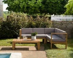 OUTDOOR BERGEN Salons De Jardin·Salons Détente|Salon de jardin en teck BERGEN (1 canapé d'angle 5 places, 1 table basse)