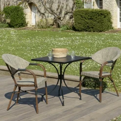 GIJON Salons De Jardin·Ensemble Repas|Salon de jardin table carrée noire 70x70 cm + 2 fauteuils bistrot tissu taupe