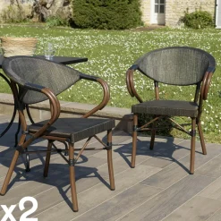 GIJON Salons De Jardin·Ensemble Repas|Salon de jardin table carrée noire 70x70 cm + 2 fauteuils bistrot tissu taupe
