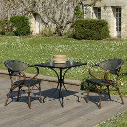 GIJON Salons De Jardin·Ensemble Repas|Salon de jardin table carrée noire 70x70 cm + 2 fauteuils bistrot tissu marron