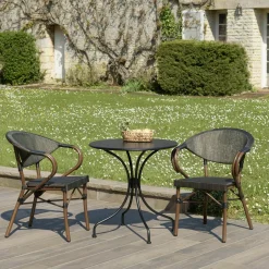 GIJON Salons De Jardin·Ensemble Repas|Salon de jardin table noire ronde D70 cm + 2 fauteuils bistrot tissu taupe