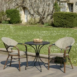 GIJON Salons De Jardin·Ensemble Repas|Salon de jardin table ronde noire D70 cm + 2 fauteuils bistrot tissu marron