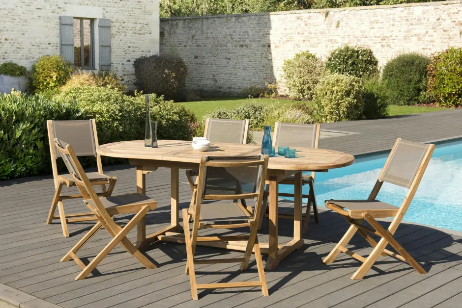 SUMMER Salons De Jardin·Ensemble Repas|Salon de Jardin Table Teck 150/200cm + 6 Chaises pliantes
