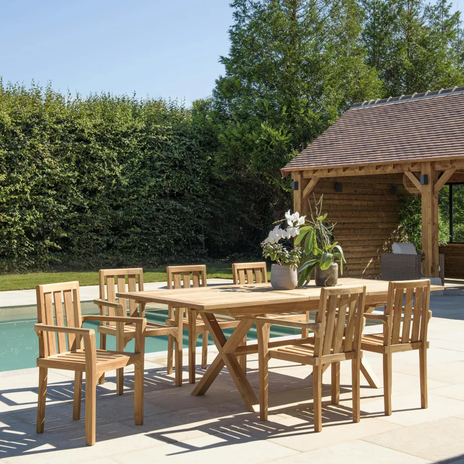 SUMMER Salons De Jardin·Ensemble Repas|Salon de jardin teck brut table pieds en croix 180/240 + 6 fauteuils