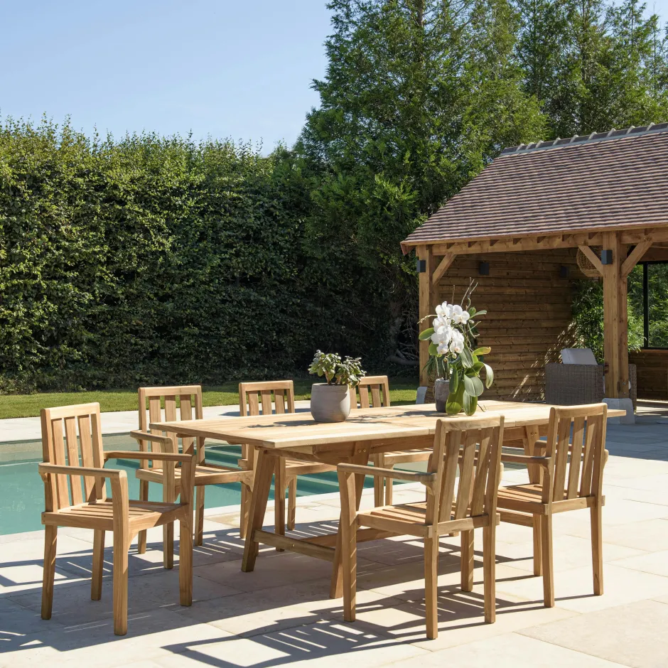 SUMMER Salons De Jardin·Ensemble Repas|Salon de jardin teck brut table pieds tréteaux 180/240 + 6 fauteuils