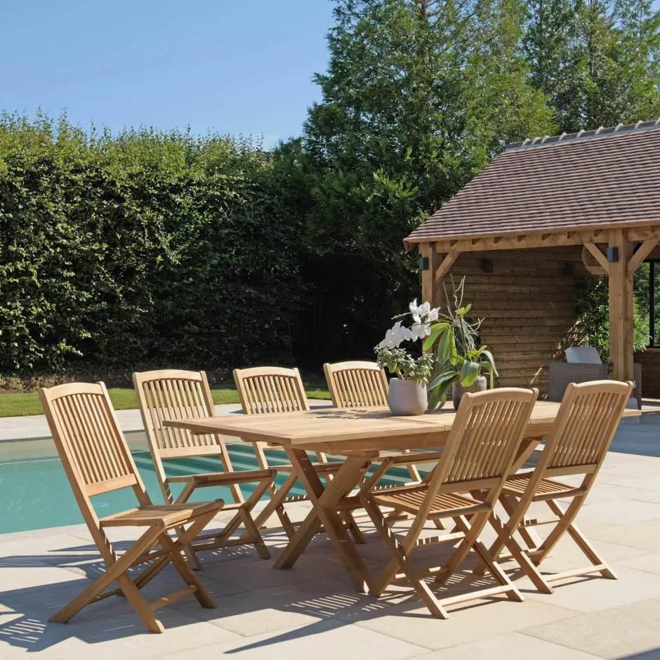 SUMMER Salons De Jardin·Ensemble Repas|Salon de jardin teck brut table pieds en croix 180/240 + 6 chaises bord arrondi