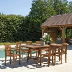 MACAO Salons De Jardin·Ensemble Repas|Salon de jardin teck huilé table pieds tréteaux 180/240 + 6 fauteuils