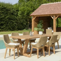 MANY Salons De Jardin·Ensemble Repas|Salon de jardin teck naturel 1 table pieds en V 220 cm + 6 chaises résine tressée