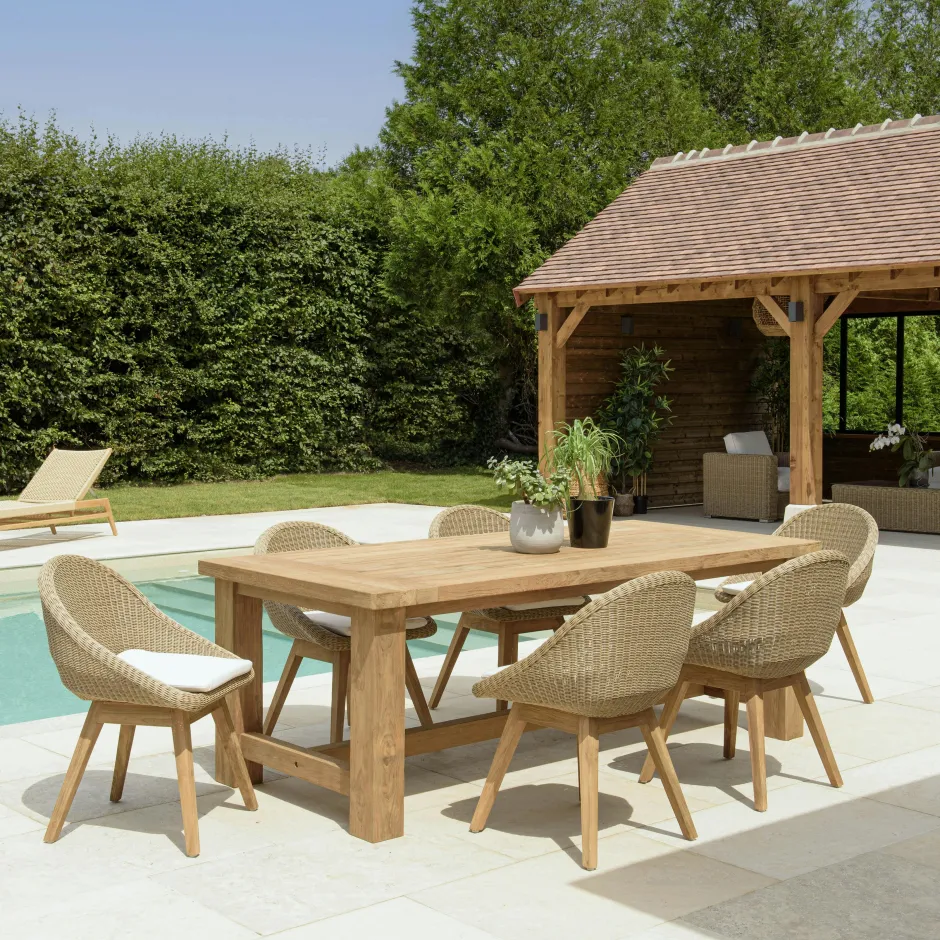 MANY Salons De Jardin·Ensemble Repas|Salon de jardin teck naturel 1 table pieds droits 220 cm + 6 chaises arrondies résine tressée