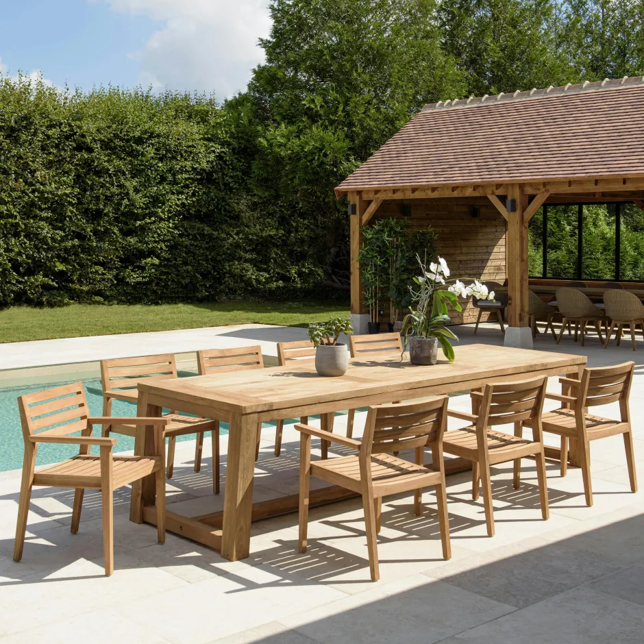 MANY Salons De Jardin·Ensemble Repas|Salon de jardin teck naturel 1 table ronde 150 cm + 6 chaises arrondies résine tressée