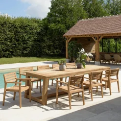 MANY Salons De Jardin·Ensemble Repas|Salon de jardin teck naturel 1 table carrée 110 cm + 4 chaises arrondies résine tressée