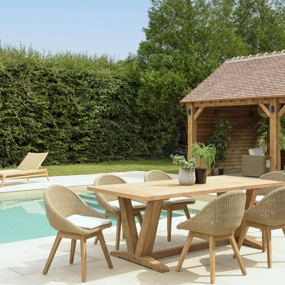 MANY Salons De Jardin·Ensemble Repas|Salon de jardin teck naturel 1 table pieds en V 220 cm + 6 chaises arrondies résine tressée