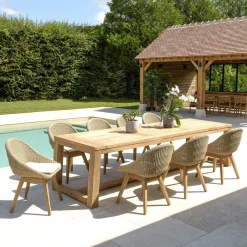 MANY Salons De Jardin·Ensemble Repas|Salon de jardin teck naturel 1 table pieds inclinés 300 cm + 8 fauteuils bois
