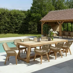 MANY Salons De Jardin·Ensemble Repas|Salon de jardin teck naturel 1 table pieds inclinés 300 cm + 8 fauteuils bois