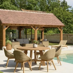 MANY Salons De Jardin·Ensemble Repas|Salon de jardin teck naturel 1 table pieds inclinés 300 cm + 8 fauteuils bois