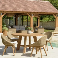 MANY Salons De Jardin·Ensemble Repas|Salon de jardin teck naturel 1 table pieds inclinés 300 cm + 8 fauteuils bois