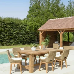 MANY Salons De Jardin·Ensemble Repas|Salon de jardin teck naturel 1 table pieds inclinés 300 cm + 8 fauteuils bois