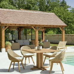 MANY Salons De Jardin·Ensemble Repas|Salon de jardin teck naturel 1 table pieds inclinés 300 cm + 8 fauteuils bois