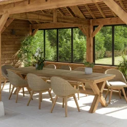 MANY Salons De Jardin·Ensemble Repas|Salon de jardin teck naturel 1 table pieds inclinés 300 cm + 8 fauteuils bois
