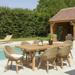 MANY Salons De Jardin·Ensemble Repas|Salon de jardin teck naturel 1 table pieds inclinés 300 cm + 8 fauteuils bois