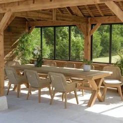 MANY Salons De Jardin·Ensemble Repas|Salon de jardin teck naturel 1 table pieds inclinés 300 cm + 8 fauteuils bois